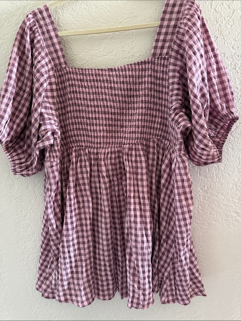 Davi and Dani 1XL Smocked Square Neck Gingham Peasant Top Mauve Pink Lightweight
